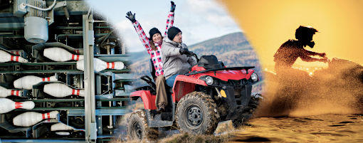Collage of bolwing pin setter, quad, and jet ski